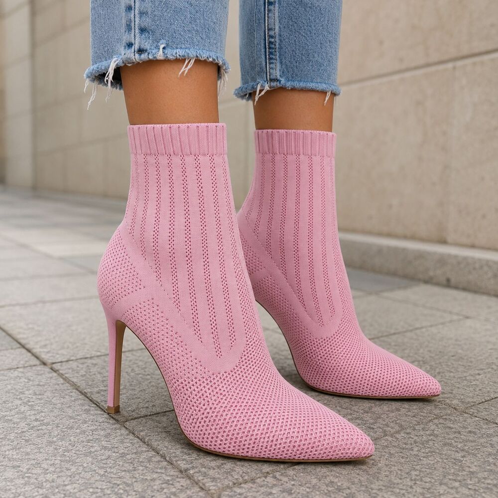 Sock Boots Womens Size 11 Pink Knit Discreet Pointed Toe Stiletto Heels
